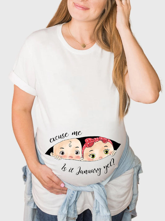 Customizable Months Excuse Me Is It Time Yet Boy and Girl Twins Funny Maternity Shirt