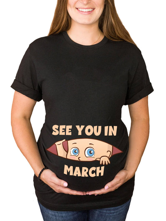 Customizable See You In Your Month Baby Peeking Black Maternity Shirt