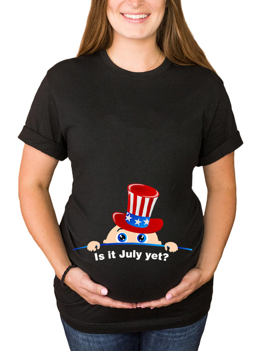 Customizable Months 4th of July Baby Is It Time Yet Funny Black Maternity Shirt